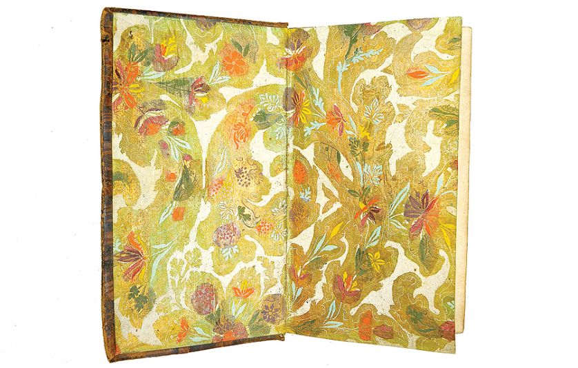 Ozdobna wklejka do książki zrobiona z papieru brokatowego, XVIII w., zbiory Biblioteki Elbląskiej, sygn. 94902