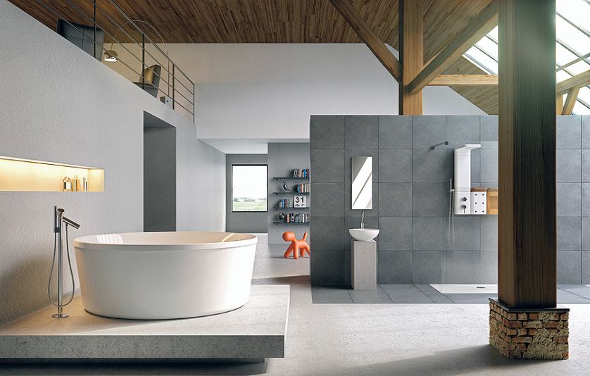 Zamiast mebli – wnęka w ścianie. Na pierwszym planie wanna Pearl w cenie 7880 zł, A’qua Design.