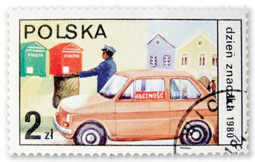 Znaczek pocztowy. Pan samochód i samochodziki