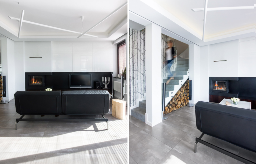 Jasne, przestronne wnętrze w nowoczesnym wydaniu. Choć w całej stylistyce dominują czerń i biel, naturalne