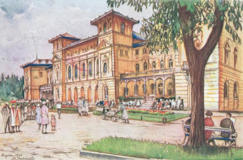 Odkrytka z reprodukcją akwareli Mariana Trzebińskiego pt. Dom Zdrojowy w Krynicy , 1927 r., KOLEKCJA RYSZARDA KRUKA