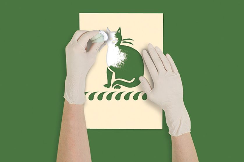 Tamponem nakładamy farbę. Kot na ścianę - szablon do malowania