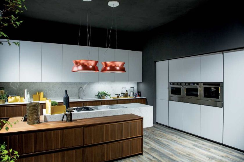 Nad wyspą okapy Dama w kształcie lamp, z zamontowanym oświetleniem LED, technologia wydajnego filtrowania powietrza