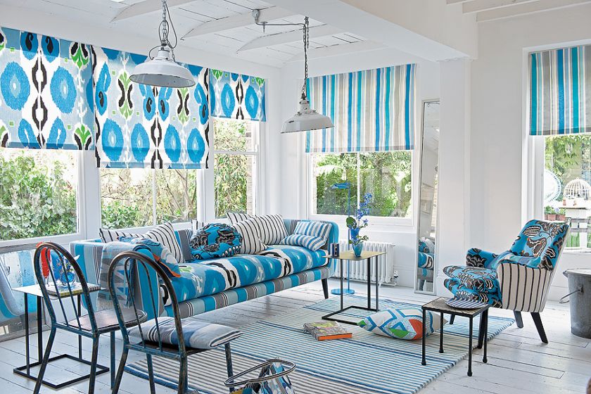 Abstrakcja i pasy: na rolety wykorzystano tkaniny z kolekcji Havana firmy Designers Guild, 245 zł/m, DECODORE