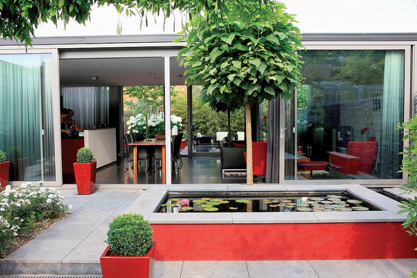 Czerwone akcenty w ogrodzie nawiązują do mebli w kuchni. Zielone kule w wysokich donicach to strzyżony bukszpan. W sadzwce