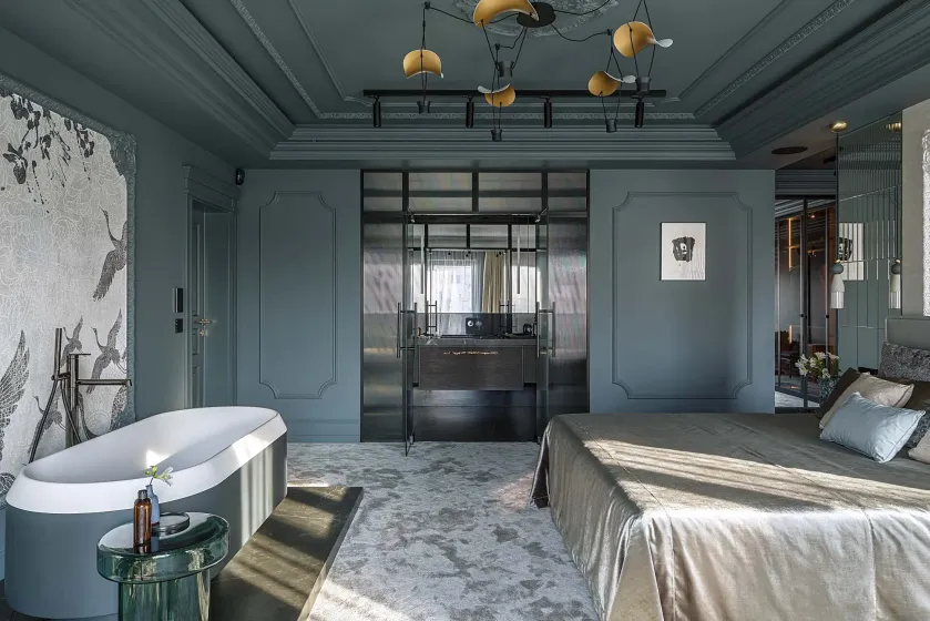 elegancka sypialnia z łazienką