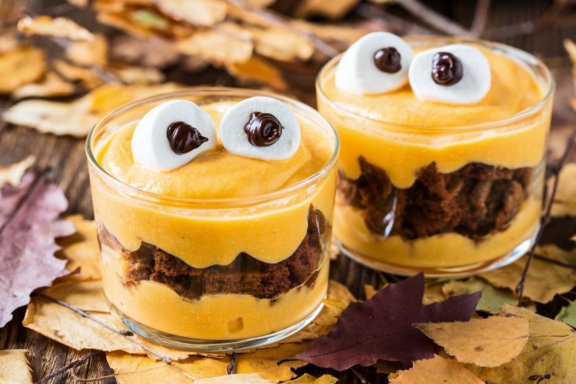Oczy w deserach halloweenowych mogą być zrobione z pianek marshmallow.