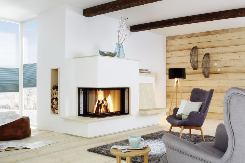 FRAME, narożny kominek z miejscem na przechowywanie drewna, siedziskiem i dużą kominkową półką na dekoracje, KAUFMANN.