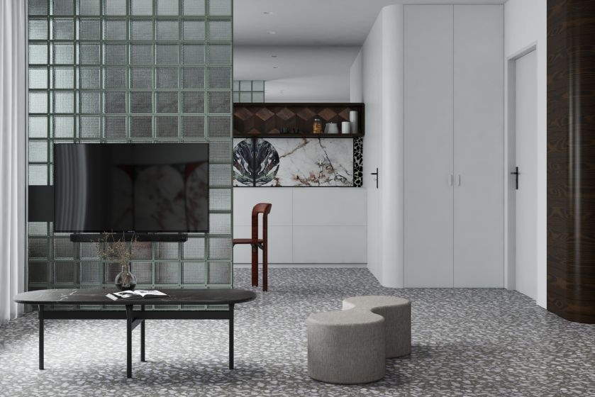 ścianka działowa z luksferów w salonie