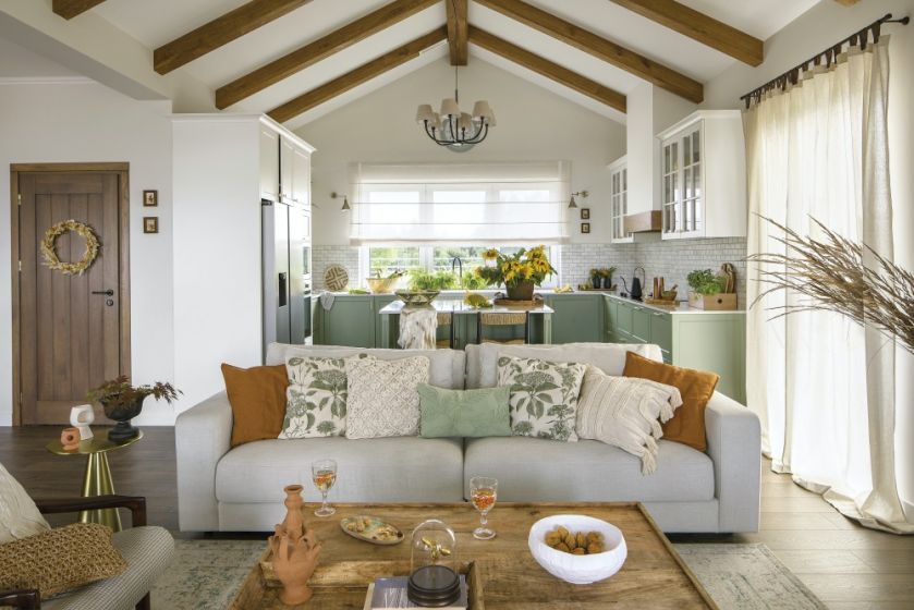 salon z kuchnią w stylu modern farmhouse