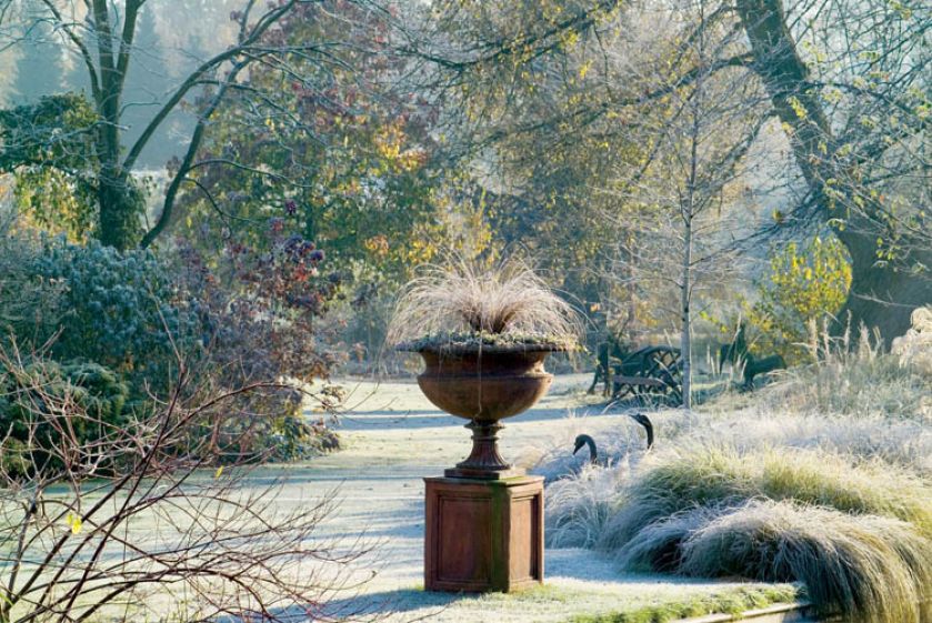 Ciemnobrunatne terakotowe wazy to jedyny mocny kolor zimą w ogrodzie.