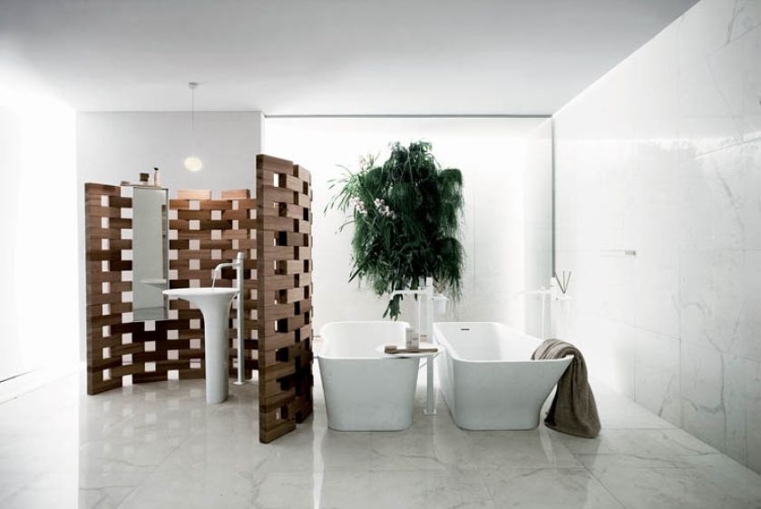 Kolekcja Faraway - biała matowa bateria montowana do podłogi projektu Ludovichi i Roberta Palomby. KOS/ZUCCHETTI