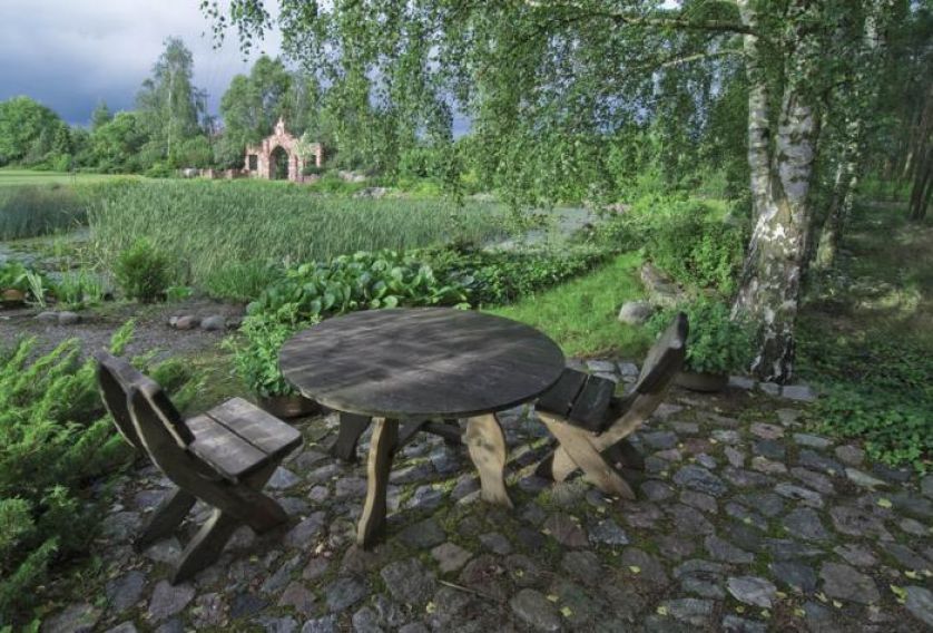 Pod malowniczą brzozą stoją drewniane ławy, krzesła i niski stół.