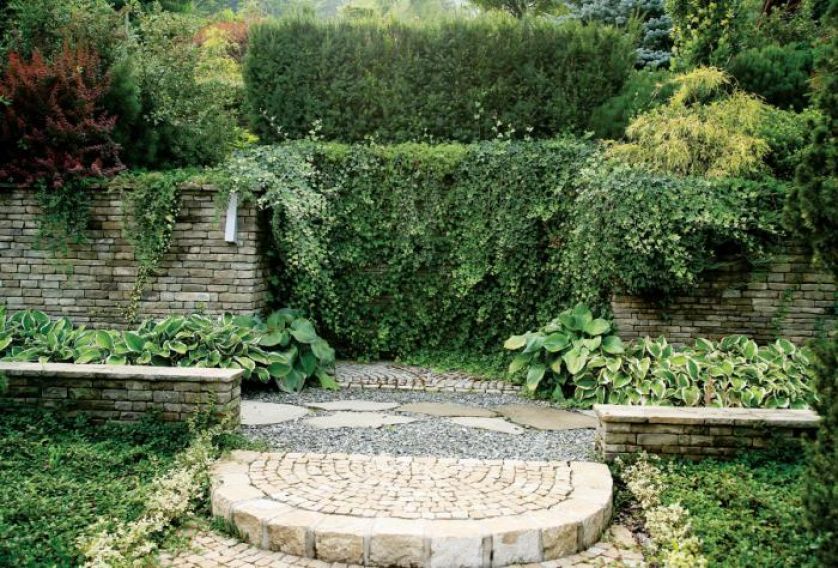 W górskim ogrodzie dużą rolę pełnią rośliny zimozielone- strzyżone żywopłoty z cisa, świerki, sosny i bluszcze.