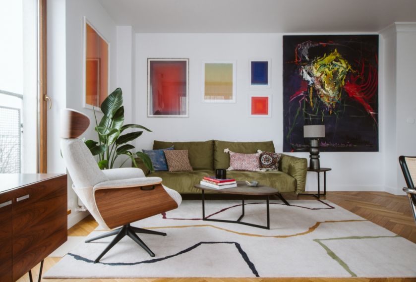 salon w stylu mid-century w mieszkaniu na bielanach