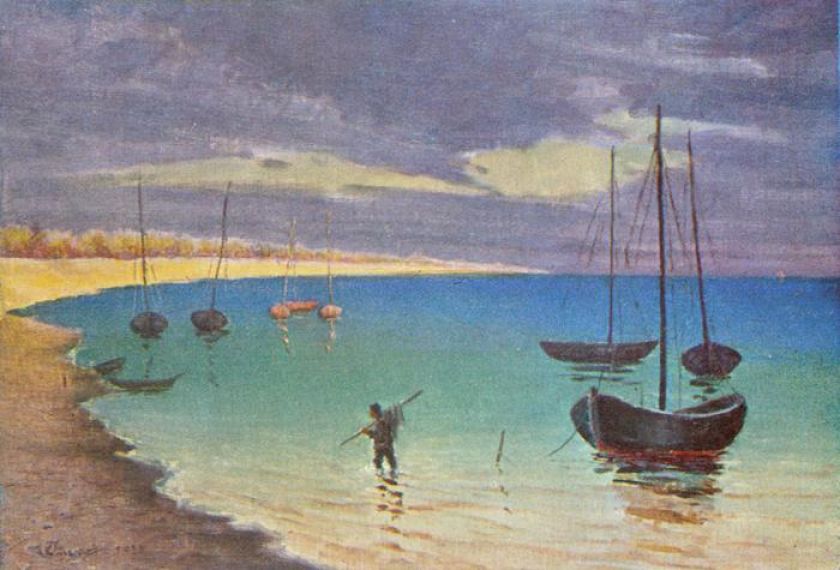 Odkrytka z malunkiem Franciszka Szwocha Zatoka Pucka w Borze , 1931 r., KOLEKCJA ROMANA KUŻELA (POMORSKI INSTYTUT NAUKOWY)