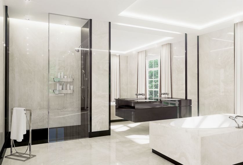 CREMA VENEZIANA, łazienka wykończona bardzo twardym marmurem z pięknym rysunkiem, kamień pochodzi z Marmo di