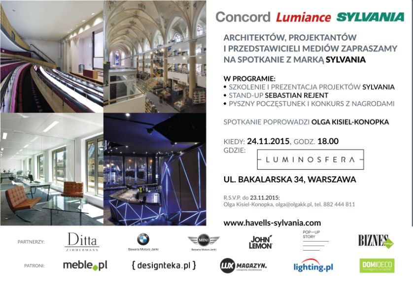 Architektów wnętrz publicznych, projektantów i przedstawicieli mediów zapraszamy na spotkanie z marką Sylvania,
