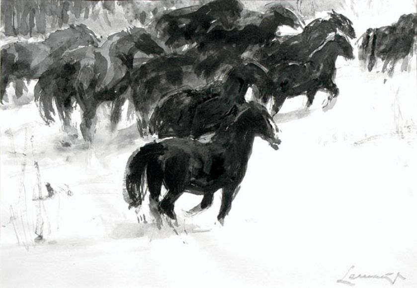 Konie w biegu , tusz, karton, 2003. Ballada o koniu