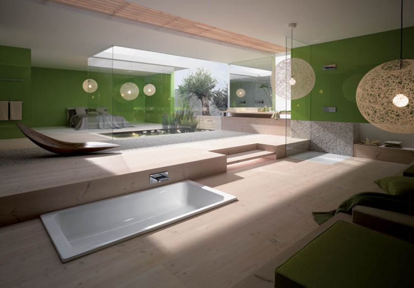 W tej łazience emaliowaną wannę Bassino (10 783 zł) wpuszczono w podłogę. KALDAWEI