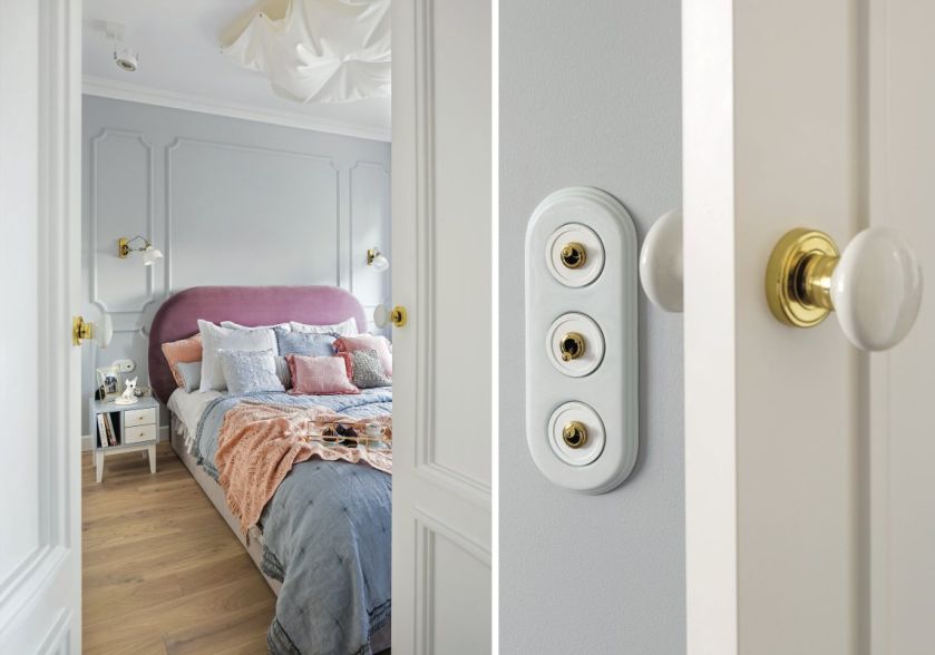 W sypialni stylowo: łóżko tapicerowane (Rafek Meble), porcelanowe włączniki Fontini, pod sufitem lampa z tkaniny