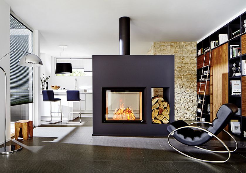 1, 2. Nowoczesny (na środku pokoju) Stil Kamin 75/90 Tunnel i Ferrari, kominki kozłowski