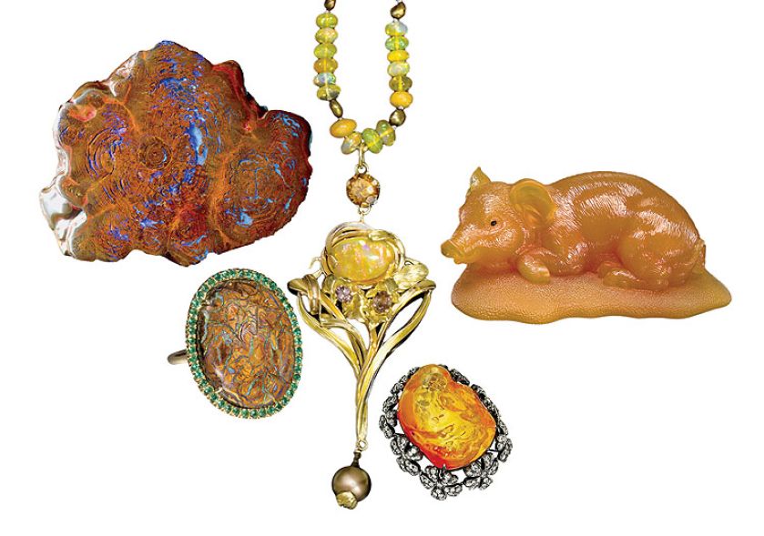 Od lewej: opal w skamieniałym drzewie, Science Photo Library, pierścionek zdobiony opalem i szmaragdami,