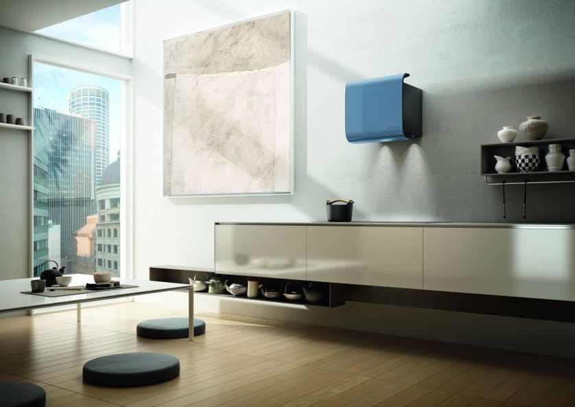 Carre blue 45 to minimalistyczny okap w kształcie litery C dostępny w wersji pochłaniacz pasuje