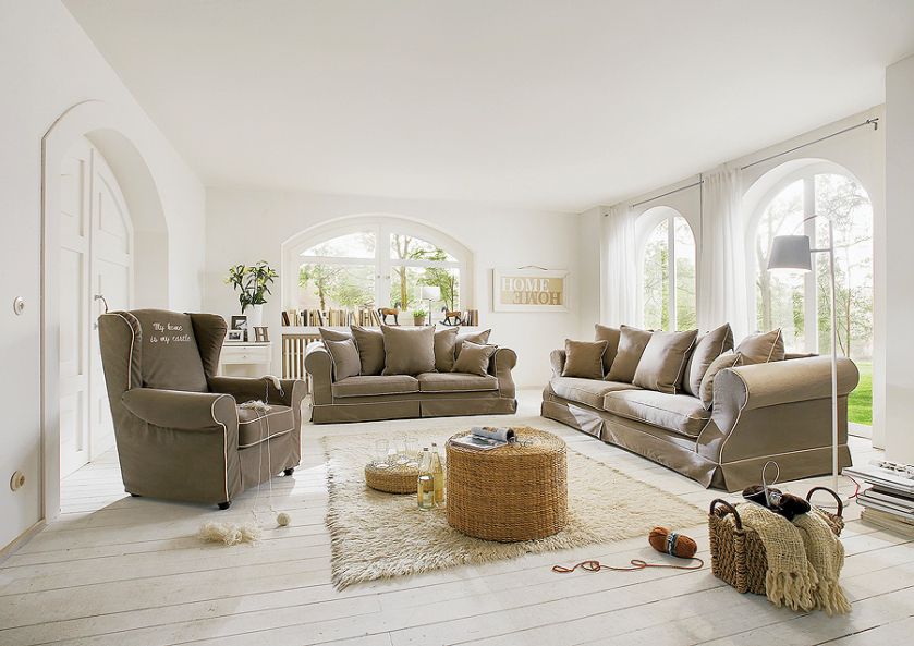 Kanapa Elena i fotel Madonna w naturalnych lnach, Francuska Weranda.