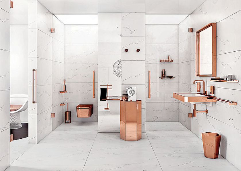 MIRAGE, kolekcja z umywalką, a także akcesoriami łazienkowymi w modnym miedzianym kolorze, POMD’OR, pomdor.com