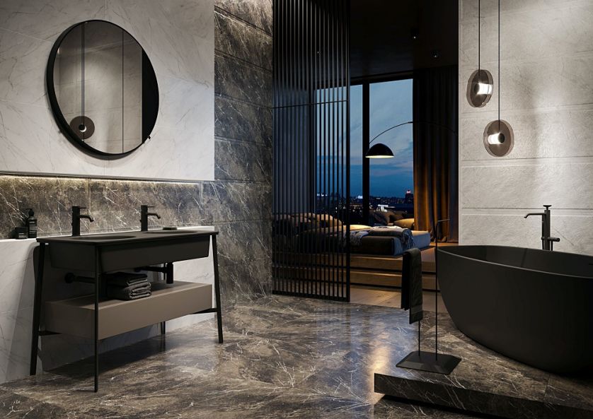 modne aranżacje płytek na ścianach w łazience