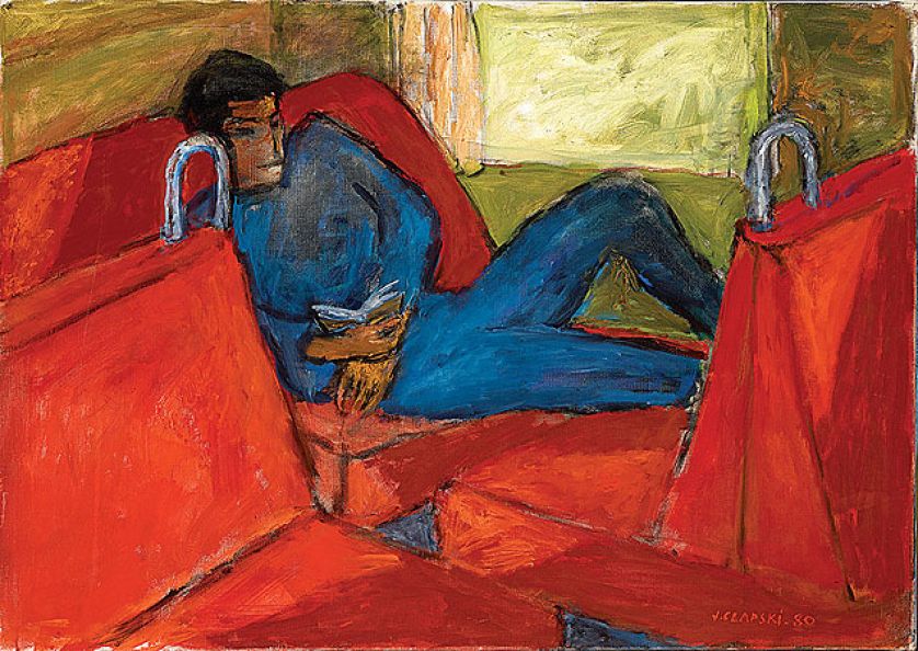 Młody mężczyzna na czerwonym tle , 1980 r.