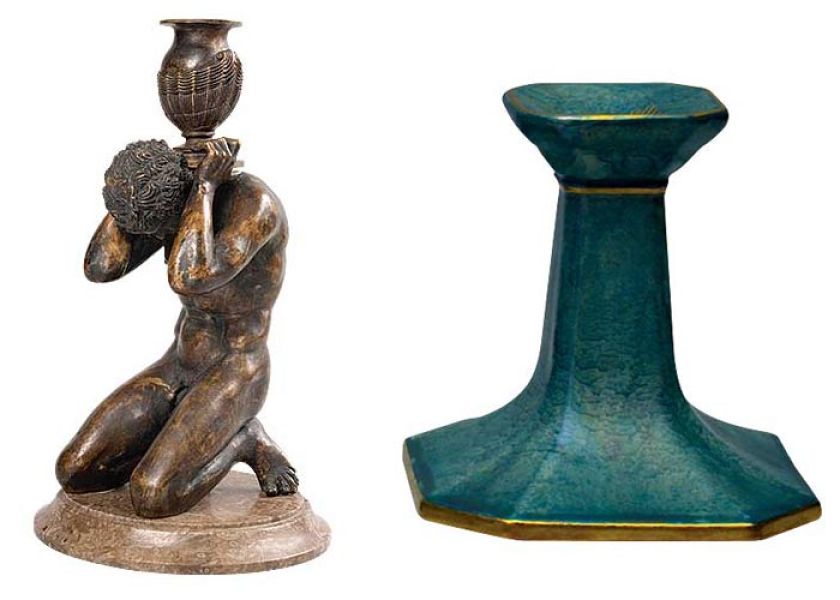 Akt młodego mężczyzny, świecznik, brąz patynowany, XX w., cw 4000 zł, niesprzedany, OSTOYA. Ceramiczny szkliwiony