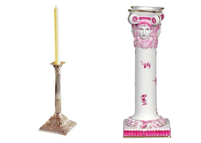 Klasycystyczny lichtarz z trzonem w kształcie kolumny, 1763 r. Świecznik porcelanowy, Miśnia, XIX w., cw 7500 zł (za 2