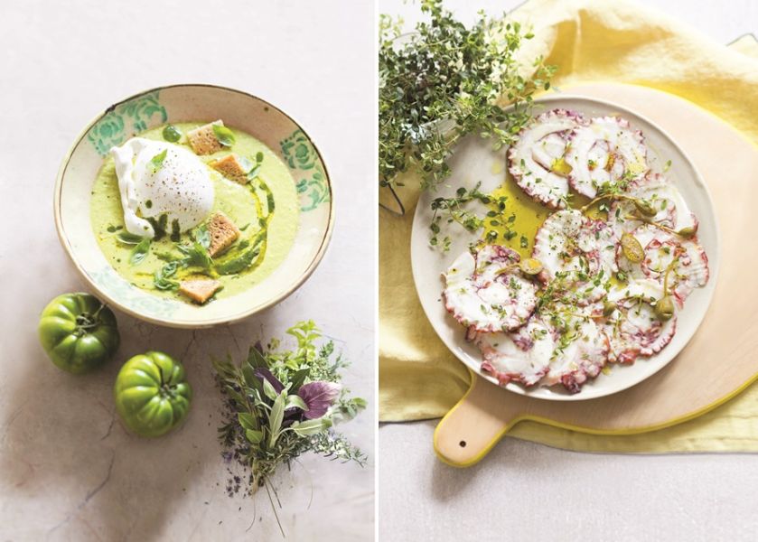 Zielone gazpacho z bazylią i burratą oraz carpaccio z ośmiornicy