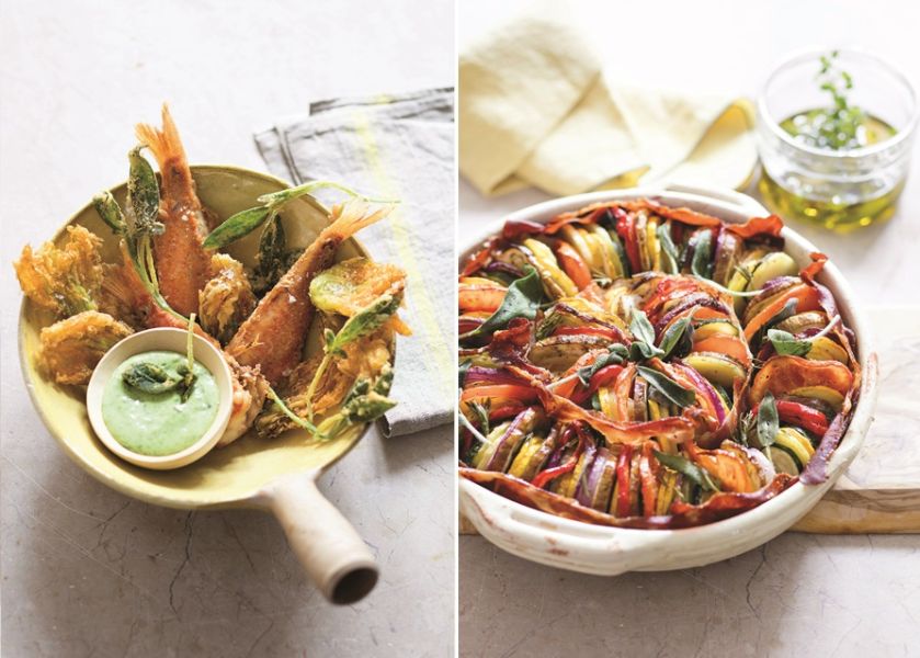 Smażone małe rybki z kwiatami cukinii i bazyliowy aioli oraz warzywny tian