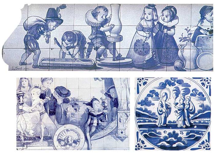 Ręcznie malowana ceramika, Delft, Holandia, ok. 1887 r. Fragment malowidła z płytek, Delft, Holandia, XX w. Kafel ze