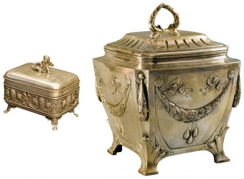 Skrzynkowa, srebrna, Wiedeń, 2 poł. XIX w., cw 7000 zł, DESA UNICUM. Cukiernica złocona, fabryka Norblin i S-ka, Polska,