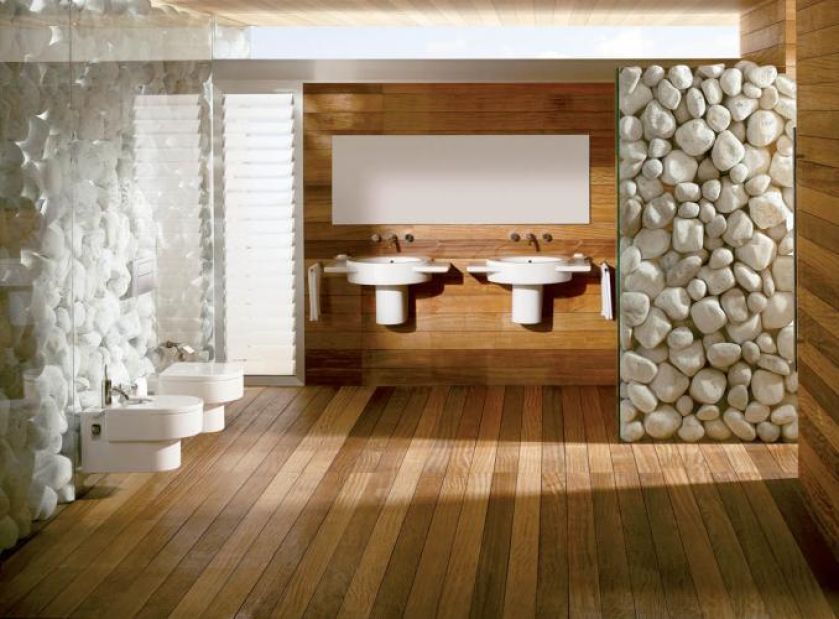 Kamień, drewno i ceramika Happening. Podwieszane wc kosztuje 1424 zł, bidet podwieszany - 1280 zł,