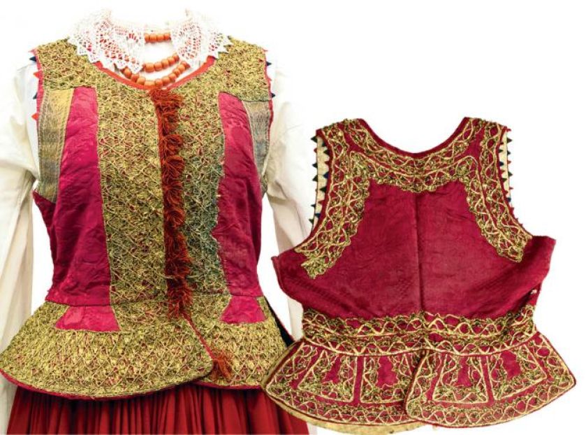 Gorset (przód/tył) z kapą, adamaszek, usztywniany filcem, XVIII/XIX w., Muzeum w Przeworsku.