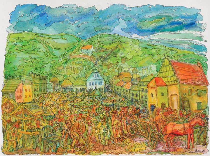 Na targu, akwarela i tusz. Chaim z Kazimierza