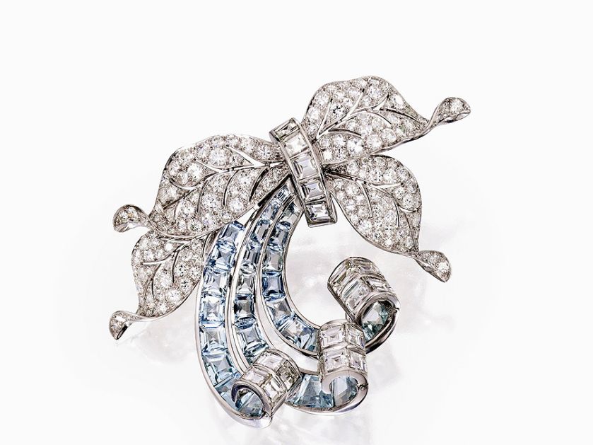 Platynowa broszka wysadzana diamentami i akwamarynami, Paul Flato, 1940 r., www.sothebys.com