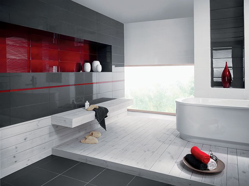 Yoshioko – płytki ścienne białe lub grafitowe, 67,65 zł/m² i dekory czerwone lub pomarańczowe, od 43,42
