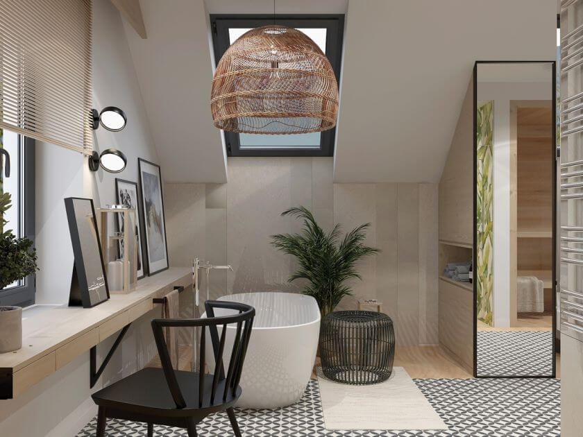 łazienka na poddaszu z wanną i prysznicem