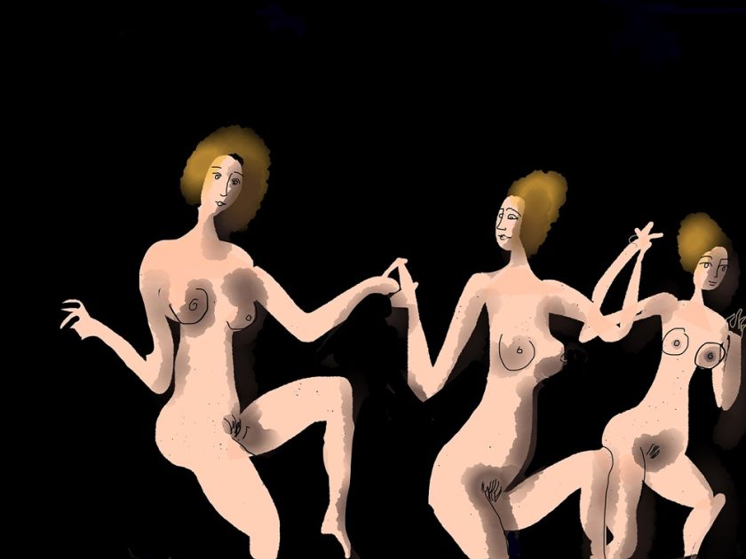 Józef Wilkoń, Akt piętnasty, 2019, grafika na płótnie, 75 x 100 cm