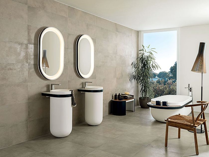 ARO, zarówno umywalki, wanna, jak i rama lustra zrobione są z materiału krion w białym kolorze, opaski natomiast mogą