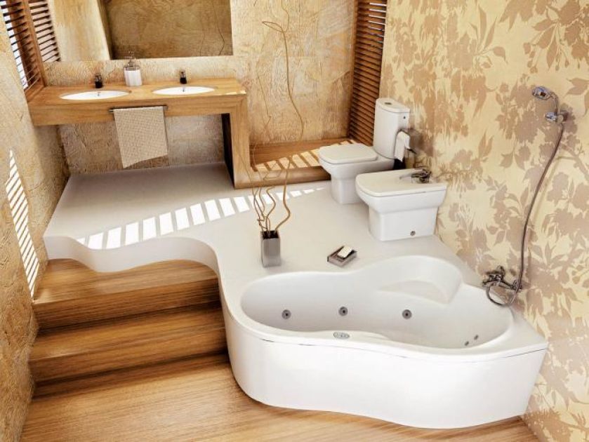 Łazienka w kolorach drewna. Wanna Leda (dostępna też z hydromasażem) kosztuje 1194 zł netto. POOLSPA