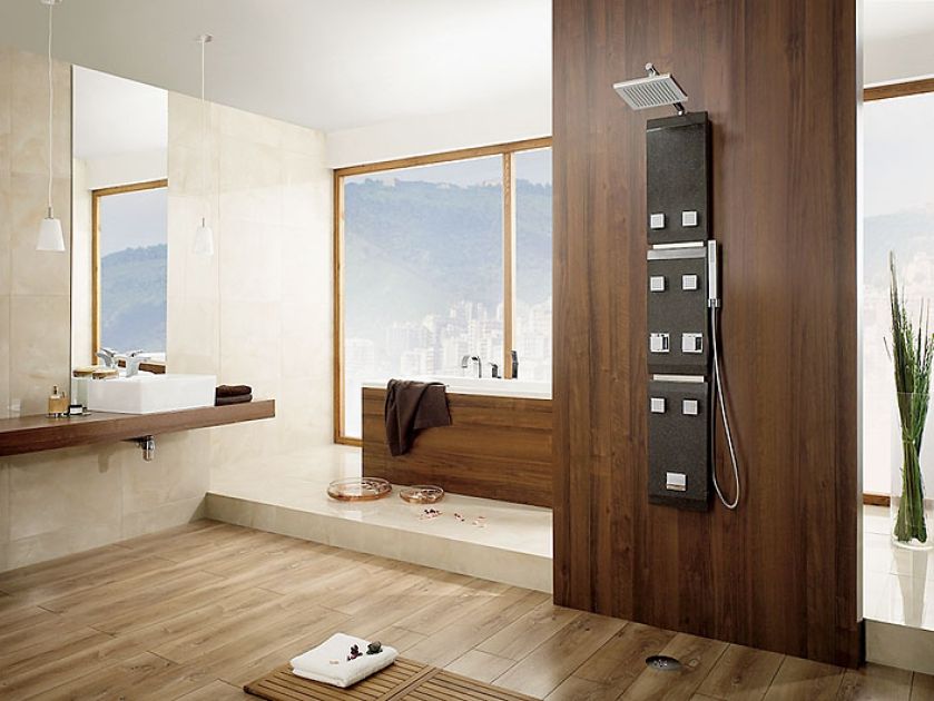 Panel natryskowy, projekt Pawła Dudziaka: mosiężna deszczownica, 6 dysz natryskowych, wylewka kaskadowa, bateria