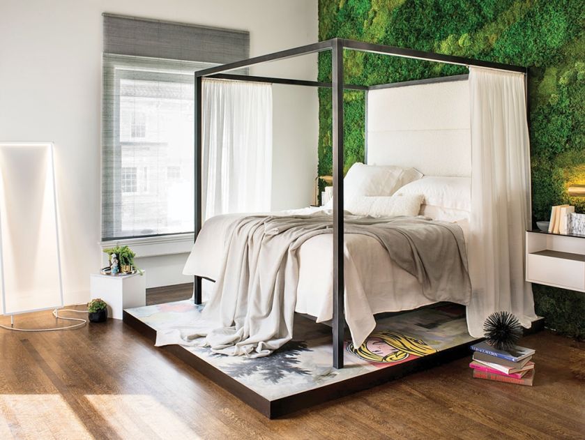 Zielona ściana dodaje wnętrzu sypialni głębi i relaksuje, planteddesign.com