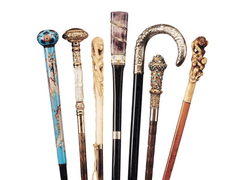 Zdobiona laką, Kolekcjonerska, złocona, Laska z kości z rzeźbionymi małpami, Z kamiennym uchwytem, kolekcjonerska, Drewniana,